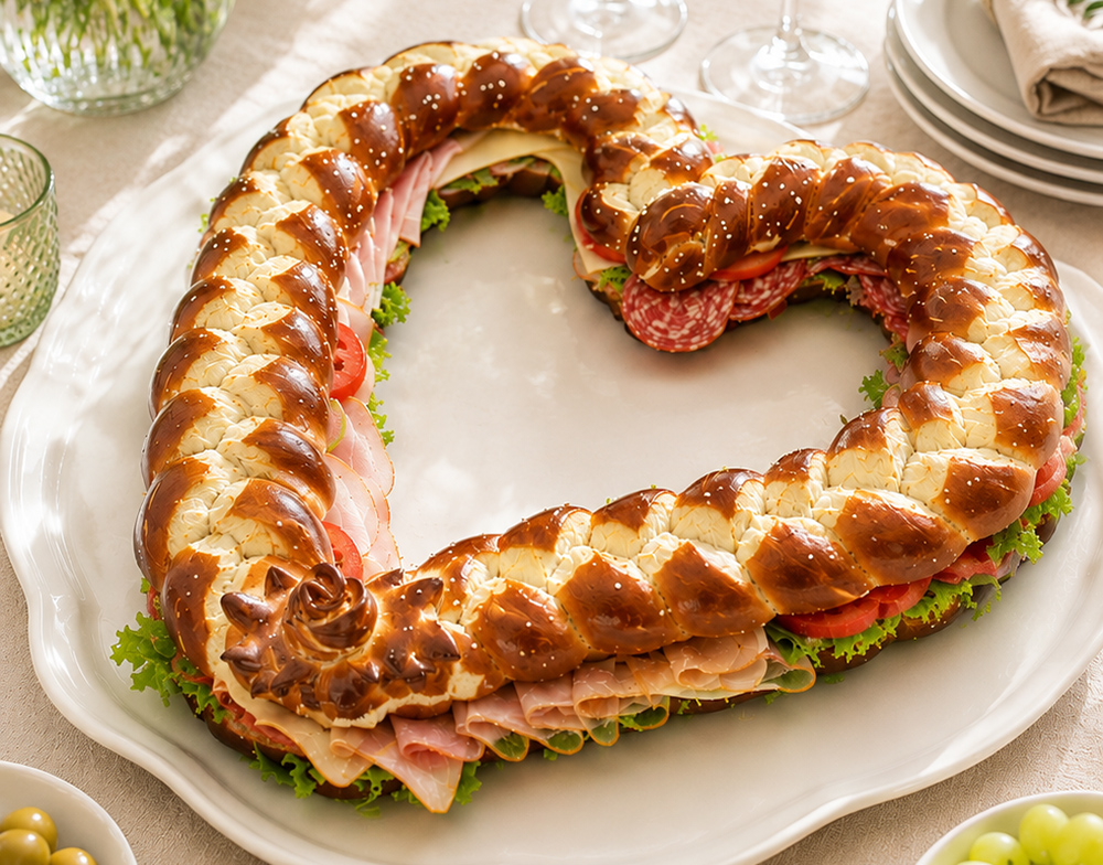 Ein mit Wurst und Käse gefülltes Partyherz aus Laugenzopf für den Apero.