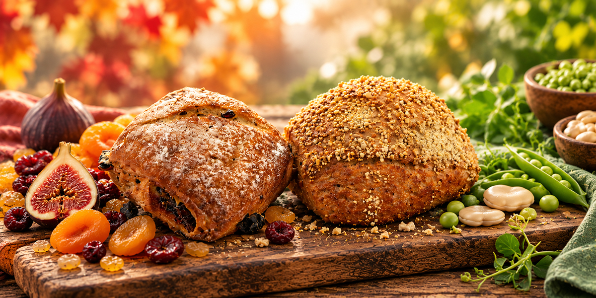 Links ein saftiges Früchtebrötli der Bäckerei-Conditorei Fleischli mit Feigen, Sultaninen, Aprikosen und Cranberrys. Recht das neue Powerbrötli der Bäckerei-Conditorei Fleischli mit Ackerbohnenschrot und Erbsengranulat. Goldbraunes Brötli mit knuspriger Kruste und pflanzlichem Protein. Goldbraun gebacken, mit bemehlter Kruste.